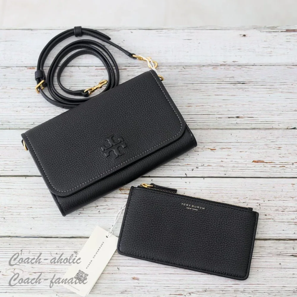 NWT Tory Burch Thea Small Pebble Leather Flat Wallet Crossbody in Black